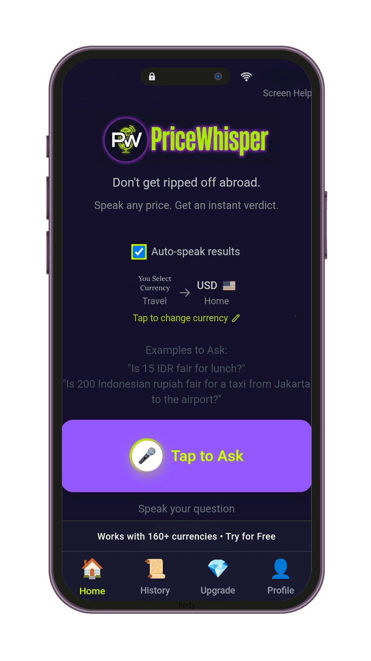 PriceWhisper app showing the Tap to Ask screen