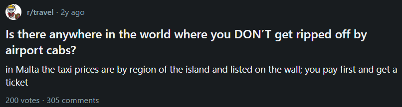 Reddit post asking about airport cab rip-offs worldwide