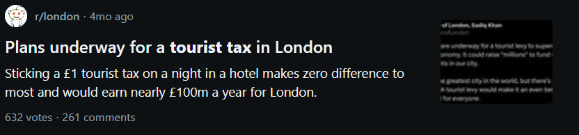 Reddit post about tourist tax plans in London