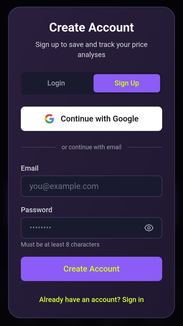PriceWhisper Create Account screen with Google sign-in and email options