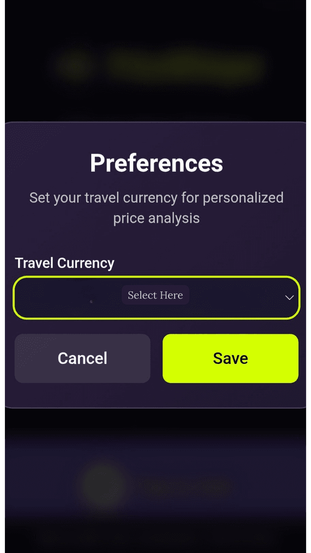 PriceWhisper Preferences screen showing travel currency selection