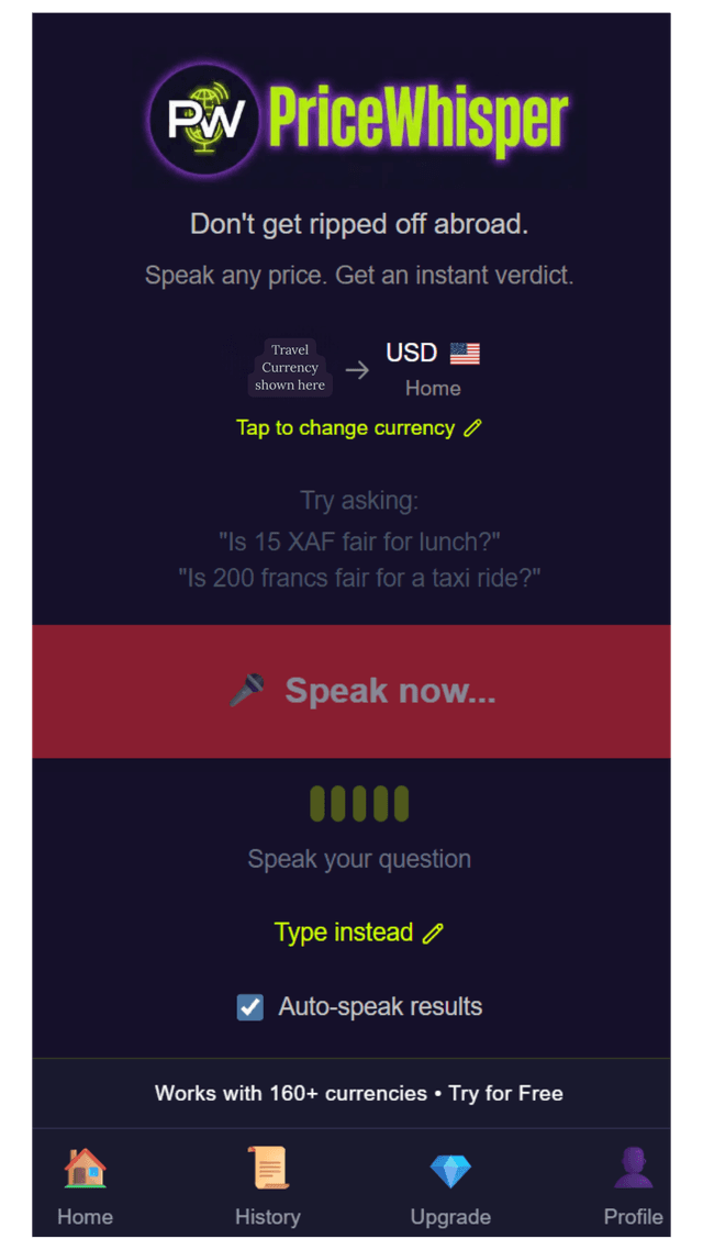 PriceWhisper Speak Now screen ready for voice price check